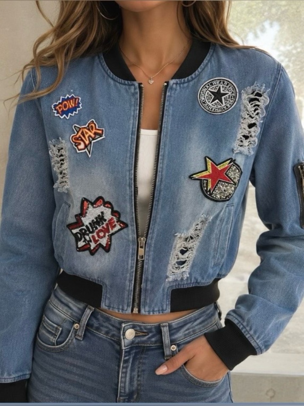Jacket jean Ripped patch Frayed punk blue Youth